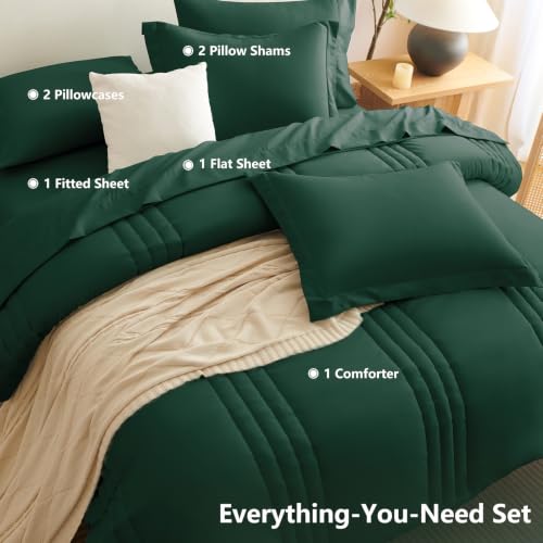 Image of CozyLux Oversized Queen Comforter Set Emerald Green - 7 Pieces Bed in a Bag, Modern Vertical Quilted Room Decor, Soft All-Season Bedding Gift with Comforter, Sheets, Pillowcases & Shams