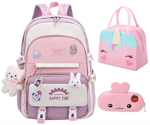 GDEMXOAN 3pcs Girls Backpack, Kawaii School Backpack For Kids Children With Lunch Bag and Pencil Case (rabbit-pink)