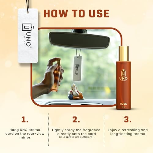 Image of Uno Aroma Musk Car Perfume - Alcohol-Free, Long-Lasting Car Fragrance, Removes Odours, Toxin-Free & Easy to Use Hanging Card, No-Gas Car Perfume with 200+ Sprays, Lasts up to 90 days (30mlx2)