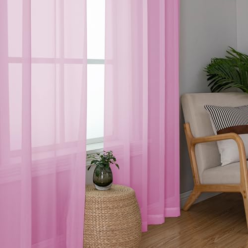 Image of Simplebrand Pink Sheer Curtains 96 Inches Long, Light Filtering Rod Pocket Solid Color Window Sheer Curtain Panels, Elegant Curtains & Drapes for Living Room, Bedroom 2 Panels (Pink, 42 inch W x 96 inch L)