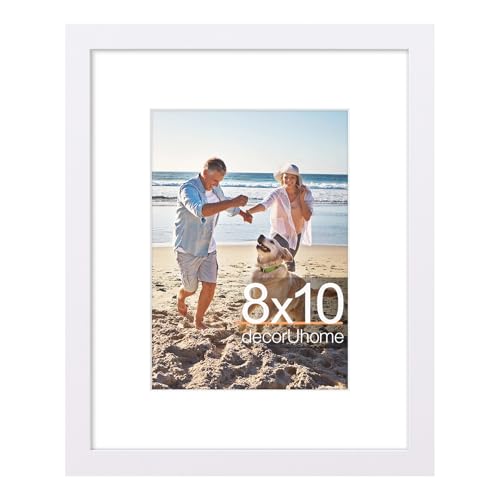 decorUhome 8x10 Picture Frame, Display Photos 5x7 with Mat or 8x10 Unmatted, Engineered Wood Frame with Plexiglass for Wall and Tabletop Display, White, Set of 1