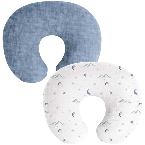Image of Coreeky Muslin Nursing Pillow Covers, 2 Pack, Soft & Adorable Slipcovers with Zipper Closure, 100% Cotton Covers for Breastfeeding Pillows (Blue, Moons)