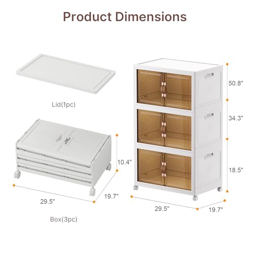 Image of UAMFURI Stackable Storage Bins with Lids, 1080QT Lockable Storage Cabinet,Foldable Storage Box with Doors and Wheels, Plastic Drawers for Home, Garage, Office (6, White, Extra Large)