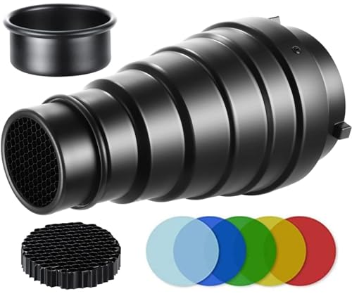 Camnoon Snoot conique en métal avec grille nid d'abeille 5pcs Kit de filtre couleur pour Bowens Mount Studio stroboscope Monolight Photographie Flash