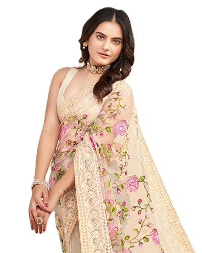 Image of VAIRAGEE Women's Beautiful Soft Net Embroidery Saree With Unstitched Blouse 6079