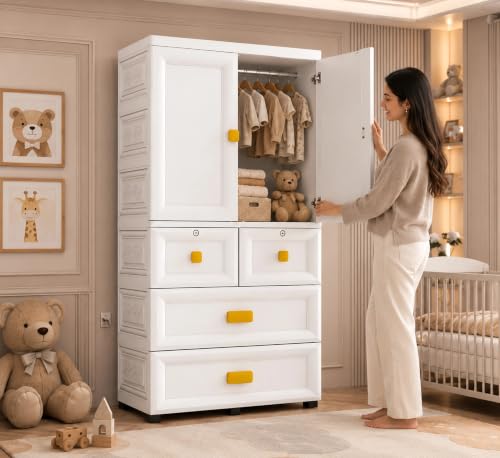 Image of Kids Plastic Collapsible Wardrobe Organizer for Storage with Drawers | Cute Cartoon Design | Heavy Duty Runner Rug Floor Mat Carpets Organizer Bedroom, Living Room (White, 2+4-Door)
