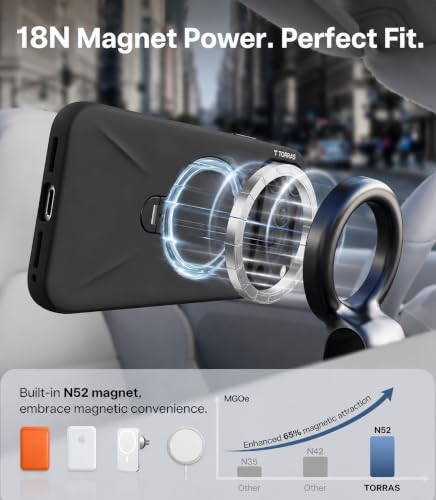 Image of TORRAS Liquid Silicone for iPhone 16 Pro Case with 360 Spin Magnetic Ring Stand with Camera Control, Fit for MagSafe, OStand Q3 Silicone Non-Slip Protective Case for iPhone 16 Pro, Obsidian Black