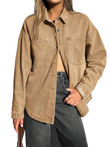 EMMIOL Women Denim Shirts Oversized Long Sleeve Button Down Blouse Distresse Jean Jacket Fall Outfits 2026 Brown,M