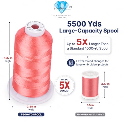 Image of Simthread 5500Yds /5000M 40WT Polyester Embroidery Thread Md Coral Pink S090 | High-yardage 5000M spool offers smooth feeding and stable 40WT polyester thread for home and commercial embroidery machines.