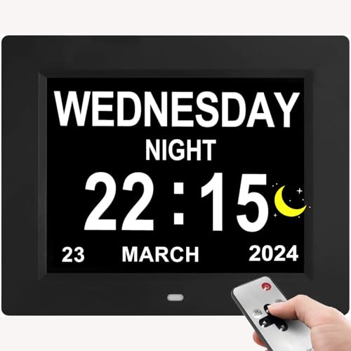 Yuanzeco Reloj despertador con día y fecha para ancianos, calendario digital, marco de fotos, pantalla regulable automáticamente, 15 opciones de alarma, reloj de día con día y mes no abreviados