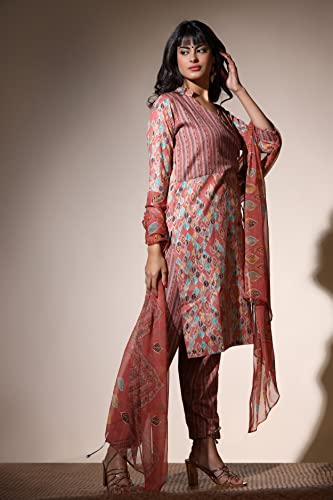 Image of Leriya Fashion Women's Kurta Pant Dupatta Set || Cotton Blend Abstract Leaf Printed Kurti Pant Dupatta Pair || Flattering Front Placket Neck Design || for Outing || Regular Wear