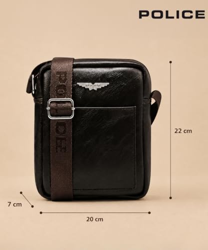 Image of Police Men's Premium Crossbody Sling Bag | Vegan Leather Finish | Lightweight & Compact Travel Shoulder Bag | Adjustable Strap | Multiple Compartments | Stylish Everyday Office & Casual Use | Brown