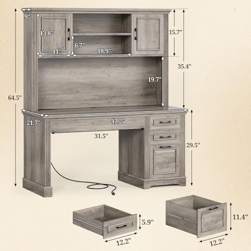 Image of SEDETA Office Desk with 3 Drawers, 47.2 inch Executive Computer Desk with Storage Drawers and Hutch Cabinet, Wood Farmhouse Desk with Power Outlet for Home Office, Grey