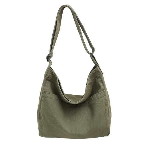 Image of Economical Cotton Canvas Tote Bag,Women Hobo Shoulder Bag Crossbody Handbag with 3 External Pocket,Zipper Closure (K Tote Bag-ArmyGreen)