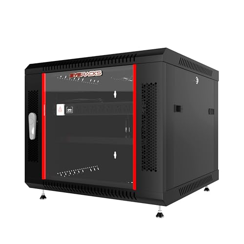 Image of 9U Wall Mount Server Rack Cabinet 24 inch Deep, 19 inch Network & AV Enclosure for Home Lab with Fan, PDU, 1 Shelf, Locking Glass Door