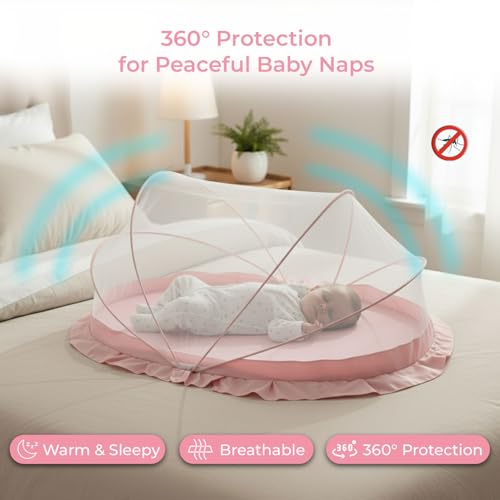 Image of SafeMyles Foldable Baby Mosquito Net with Bed | Soft & Breathable Polyester Mesh with Elegant Round Frill | Ideal for Newborns, Infants & Toddlers (Pink, 90x50x50 cm)