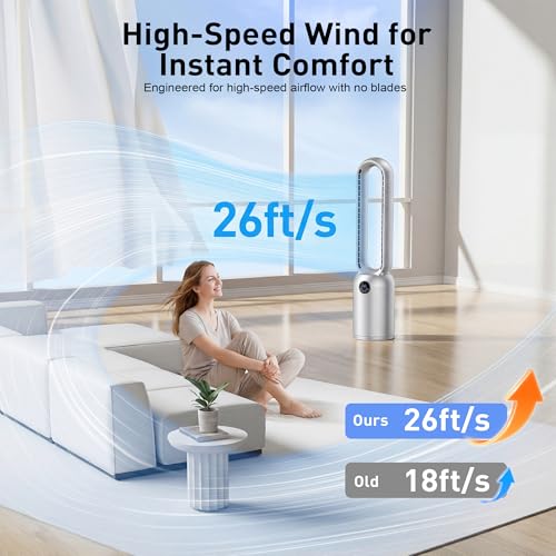 Image of 36 inch Bladeless Tower Fan for Bedroom, Powerful 26ft /s Airflow, 24 Speeds, 90 Oscillation, 12H Timer, Standing Fans with Remote, Quiet Bladeless Cooling Fan for Home Office Room, Light Grey
