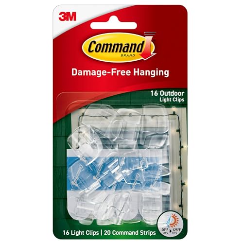 Command Damage Free Hanging Light Clips with Adhesive Strips, No Tools Mini Wall Hooks for Hanging Decorations in Living Spaces, 16 Clips, 20 Strips