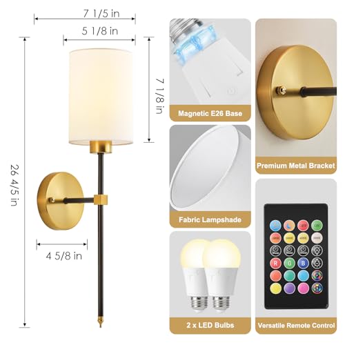Image of Battery Operated Wall Sconce Set of Two, Wireless Rechargeable Wall Light With Remote Control, Dimmable, 4 Color Temperatures, RGB, Timer, for Living Room,Bedroom,Entryway, Black Gold, 26.8 Inch