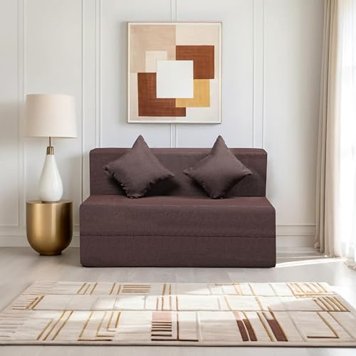 Image of Amazon Brand - Solimo 2 Seater 4 * 6 Jute Fabric Washable Cover Sofa Cum Bed with 2 Cushion 2 Seater Double Foam Fold Out Sofa Cum Bed (Finish Color - Brown Delivery Condition - Pre-Assembled)