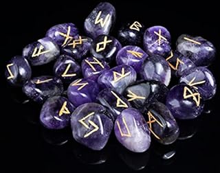 Crocon Amethyst Gemstone Engraved Rune Stones Set (25 Pcs) with Elder Futhark Alphabets & 1 Amethyst Pendulum| Size: 15-20 mm