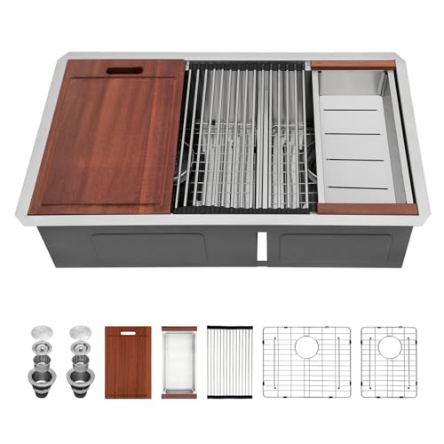 Sarlai 33 Kitchen Sink Double Bowl - 33x19 Inch Undermount Sink16 Gauge Stainless Steel Ledge Workstation Low Divide Double Bowl 60/40 Under Counter Kitchen SinK Basin