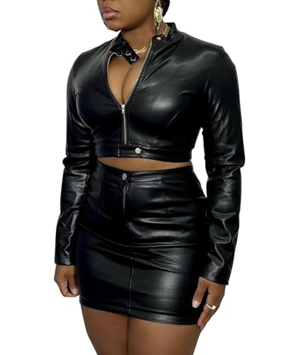 SEMATOMALA Women's Faux Leather Cropped Zip Up Jacket and Bodycon Mini Skirt Outfits 2pcs PU Matching Sets2