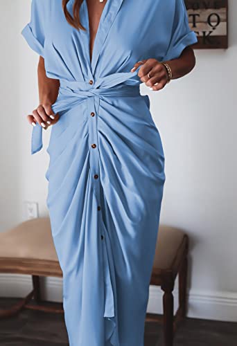 Image of Linsery Long Dress Women Elegant Satin Short Sleeve Button Belted Shirt Work Dress Light Blue L