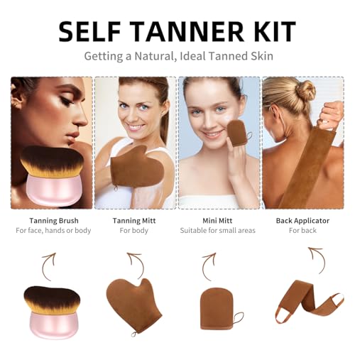 Image of FUNAN Self Tanning Applicator Kit with Soft Mitt, Back Lotion Strap, and Ultra Soft Rose Gold Kabuki Brush, Brown, 3 Piece Set