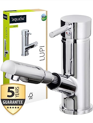 aquaSu Waschbeckenarmatur mit Haarbrause & Excentergarnitur Waschtischarmatur Badarmatur Einhebelmischer Wasserhahn Bad Keramikkartusche Wasserspar-Mischdüse Messing verchromt Standard-Montage