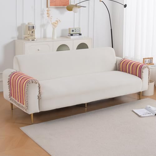 Image of HOKIPO 'Artisan Boho Series' 450 GSM Sofa Arm Cover | Cotton Acrylic Jacquard Fabric Armrest Cover with Tassel, 50x70 cm, 1 Pair, Ruby Red (IN-899-A6*2SC)