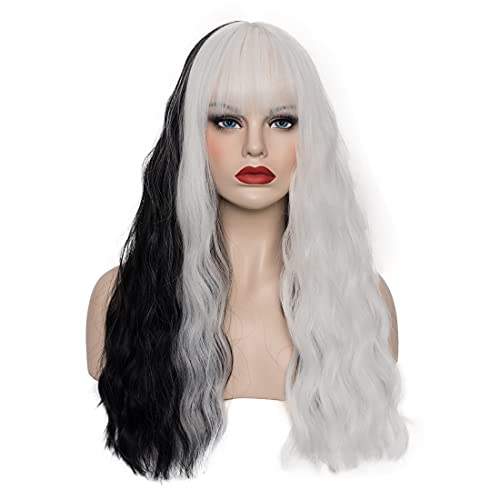 WGPFWIG Women's Black And White Wig Long Curly Wavy Wig Flat Bangs Wig For Women Cosplay Party Halloween Wig Cap Included (22''B&W)