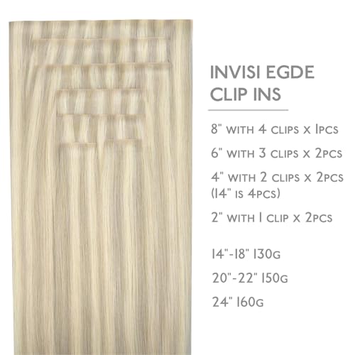 Image of WENNALIFE Invisi Edge Clip in Hair Extensions Real Human Hair, 12 Inch 80g 7pcs Ash Blonde Highlighted Platinum Blonde Invisible PU Skin Weft Straight Extensiones De Cabello Hmano Clip Ins