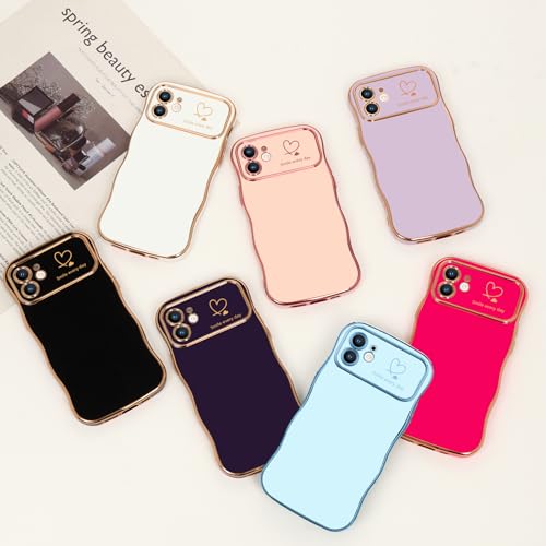 LCHULLE for iPhone 11 Case for Women Girls, Cute Wave Frame Curly Shape with Love Heart Pattern Raised Camera Protection Cover Luxury Plating Shockproof Phone Case for iPhone 11, Baby Blue