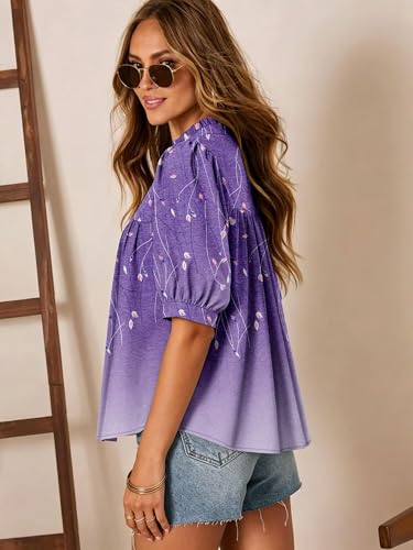 Magritta Puff Short Sleeve Ruffle Blouse for Women Dressy V Neck Pleated Front Spring Shirts Classy Plus Size Boho Tops Work Outfits Willow Purple XL — view 3