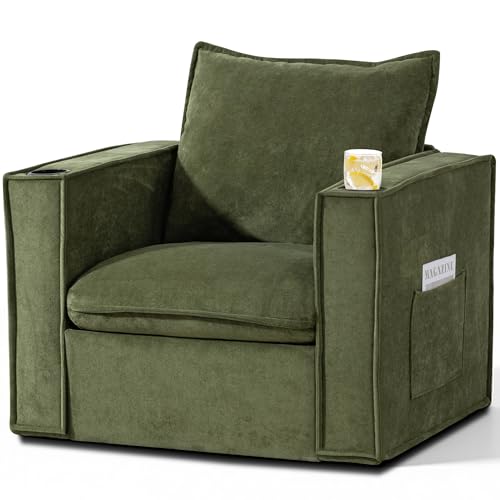 Image of 32 inch Wide Swivel Accent Chair with Cup Holders, Comfy Armchair w /Side Pockets, Modern Chenille Sofa Couch for Living Room, Bedroom, Corner, Green