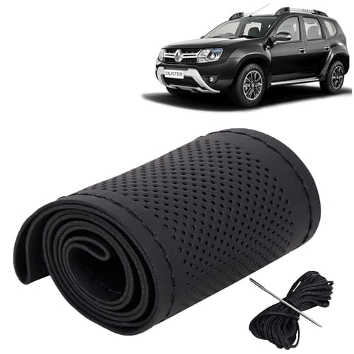 Image of KINGSWAY PU Leatherite Car Steering Cover Sewable Compatible with Renault Duster (Year 2014 Onwards), Black Color with Black Thread, Pack of 1 with Sewing Needle and Thread