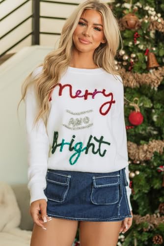 Women's White Tinsel Merry and Bright Graphic Christmas Sweater3