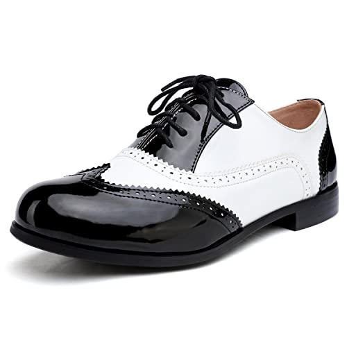 Odema Womens Classic Wingtip Brogue Lace Up Low Heel Dress Oxfords, Blackwhite, 9 M Us #TOP17