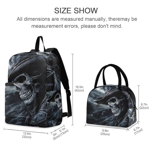 Backpack Lunch Bag Set Portrait Dark Skull Print, Big Storage Travel Backpacks with Insulated Lunch Box for Office Hiking Picnic2