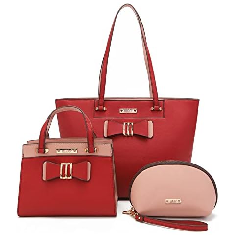 DESTINY BY NICOLE LEE 3 Pieces Set Bag 3D Bow Front Fashion Handbag Eco Leather Shopper Mini Messenger Bag Wristlet Pouch for Women Girls NK12311 RD Cover