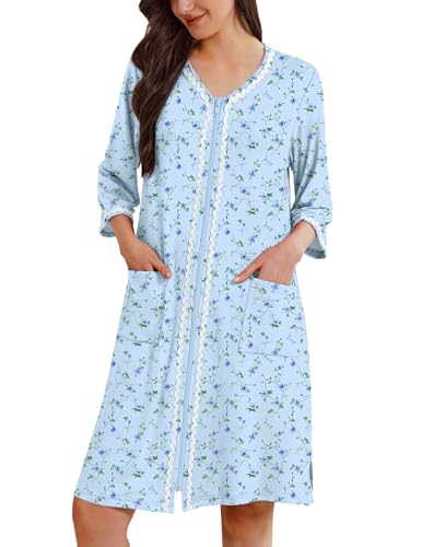 Image of Ekouaer Zipper Robes for Women 3 /4 Sleeves Lightweight House Coat Zip Up Bathrobe Soft Nightgown with Pockets S-3XL