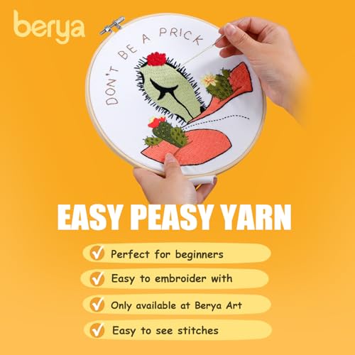 Image of BERYA Funny Cactus Embroidery Kit with Embroidery Hoop, Easy Embroidery Kit for Beginners, Include Instructions, Display Stand, Printed Cloth, Threads and Tools - with Video Tutorials (BEC005)