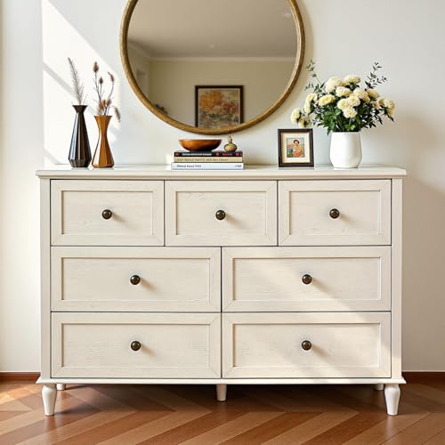 Mixcous White 7 Drawer Dresser, Double Dressers Chests with Vintage Handles, Solid Wood Chest of Drawers, Long Dresser TV Stand for Bedroom, Modern Storage Cabinet for Living Room & Nursery