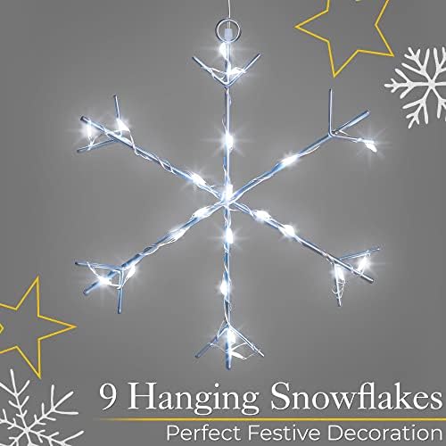 CHRISTOW Christmas Curtain String Lights, Light Up Micro LED Snowflake Window Decoration, 9 Hanging Snowflakes W120cm x H120cm (White)