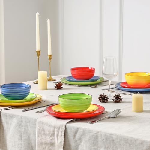 Image of Selamica Ceramic Plates and Bowls Sets,12 Pieces Dinnerware Sets for 4,Scratch Resistant Dish Set,Dishwasher & Microwave Safe, Dopamine