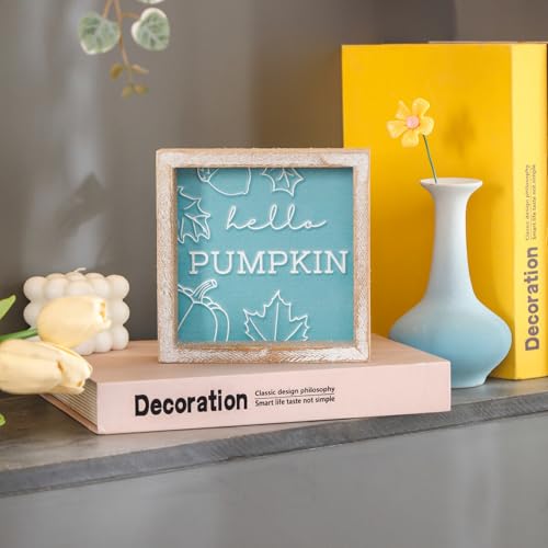 Image of Embossed Hello Pumpkin Sign, Rustic Fall Decorations for Home, Thanksgiving Centerpieces for Table Cubicle Desk Mantel Fireplace, Autumn Tiered Tray Decor
