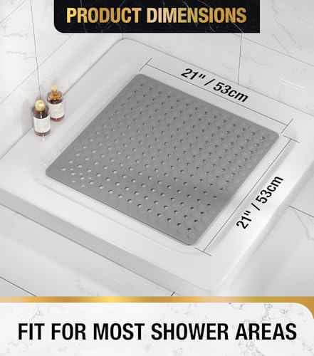 Image of HITSLAM Shower Mat Anti Slip, Square Bath Mat for Tub Non Slip with Suction Cups and Drain Holes, 21x21 Inch Bathroom Shower Stall Floor Mat, Machine Washable, Soft on Feet, Grey