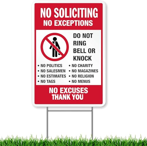 No Solicitation Sign 18 x 9 with H Metal Stakes Funny Decor for Home House Yard No Excuses No Exceptions Do Not Ring Bell No Knock Sign (18 x 9 Signs with H Metal Stakes)