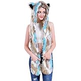 LOXASUM Animal Hat Faux Fur Hood Scarf Full Pockets Ear Flat Cap Hoodie Furry Gloves Party Costume (Blue Cat)